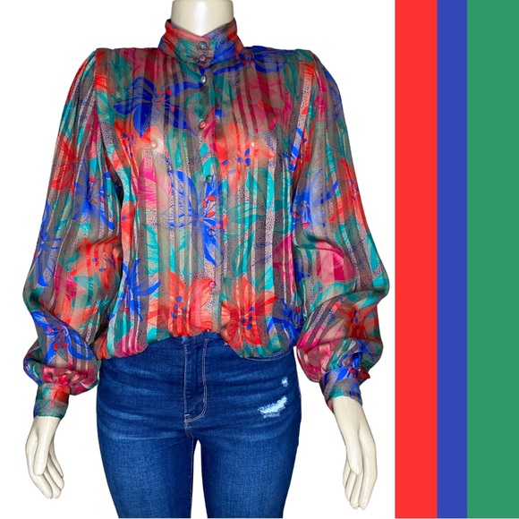 Jai Dallas Tops - Vintage Colorful Floral Satin Striped Studio Retro Poet Blouse Holiday Top (M)